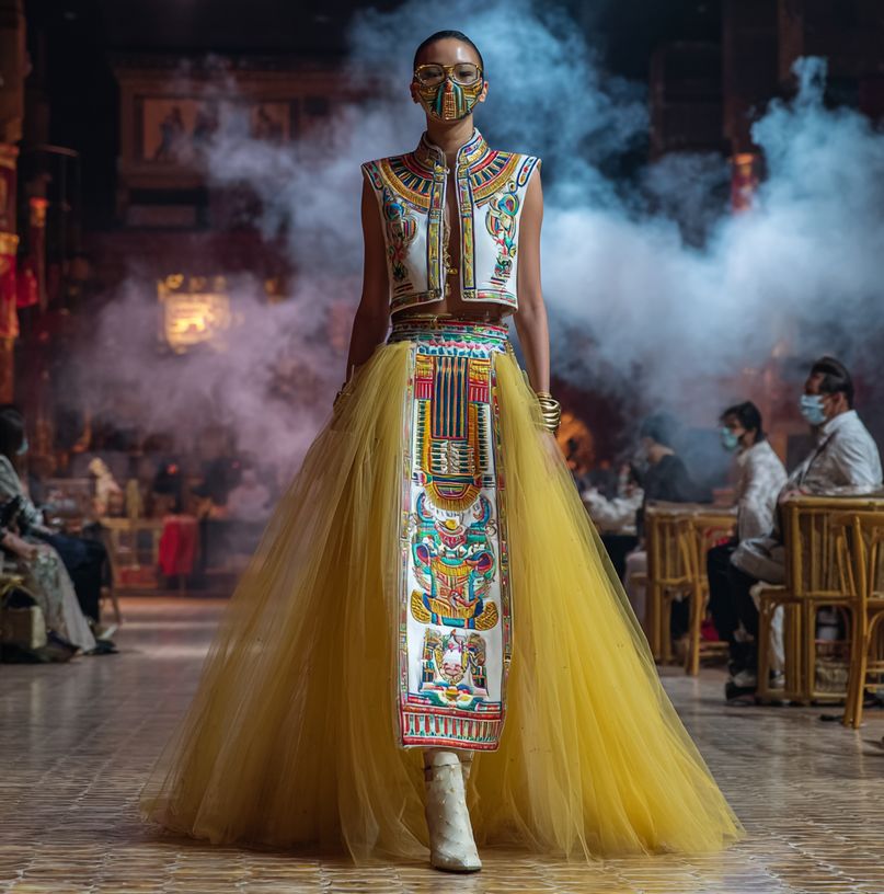 AI-generated catwalk portrait, golden armor look