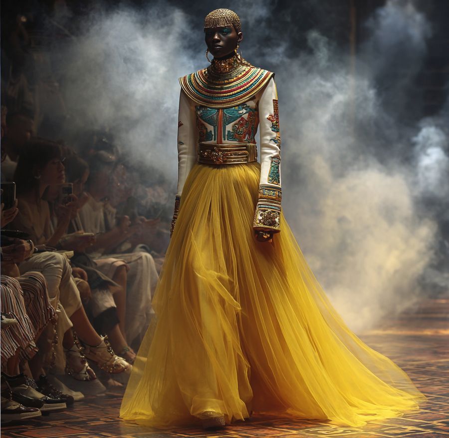 AI-generated catwalk, flowing yellow gown