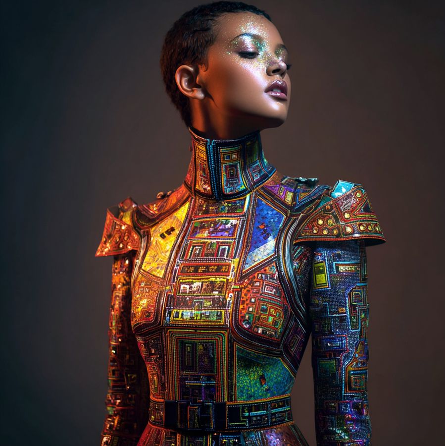 AI-generated portrait with jeweled cyber patterning