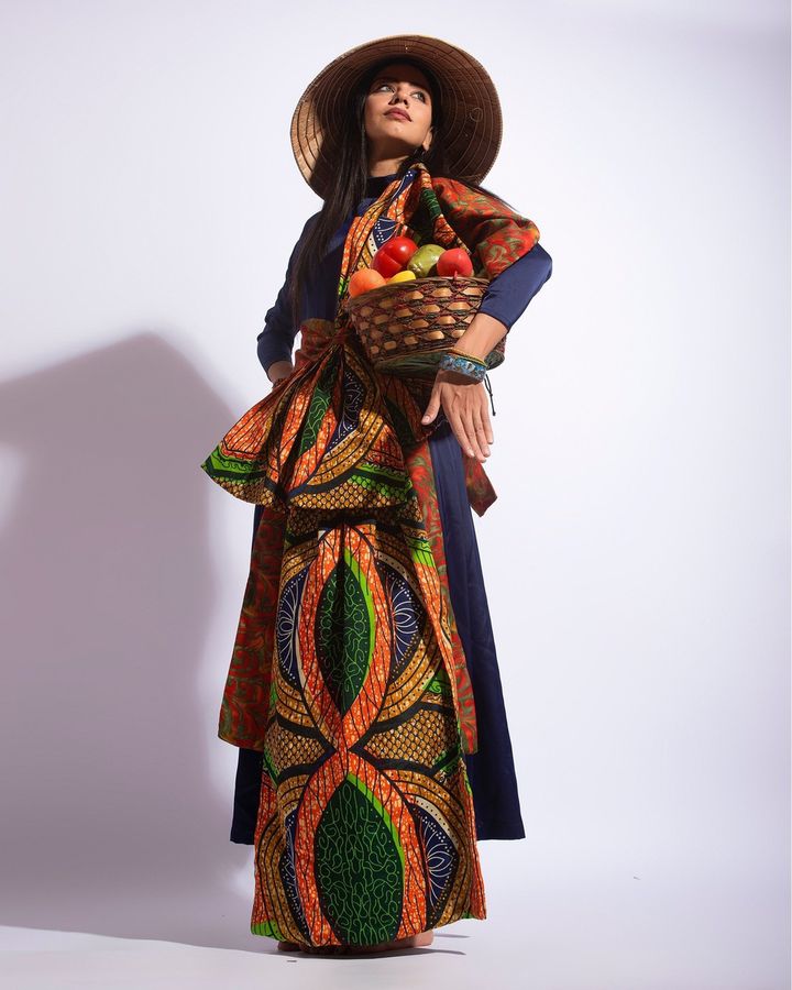 Afrojapanique — Japanese-inspired pleated dress with African print bow