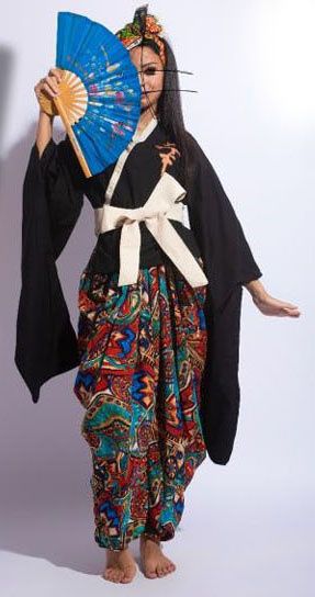Afronipra — Japanese kimono with Indian trousers and African headwrap