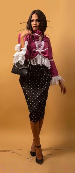 Velouria — Renaissance-inspired blouse with 1960s polka-dot pencil skirt