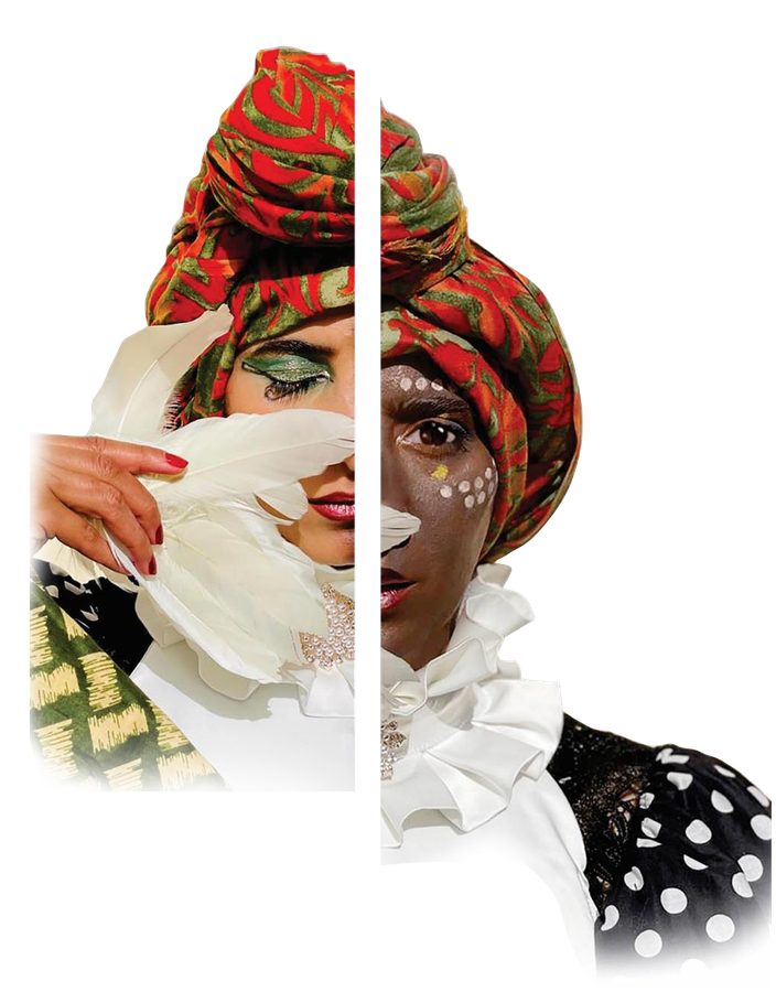 Portrait split between two cultural styles, signature look of Wafaa Alsabagh's design philosophy