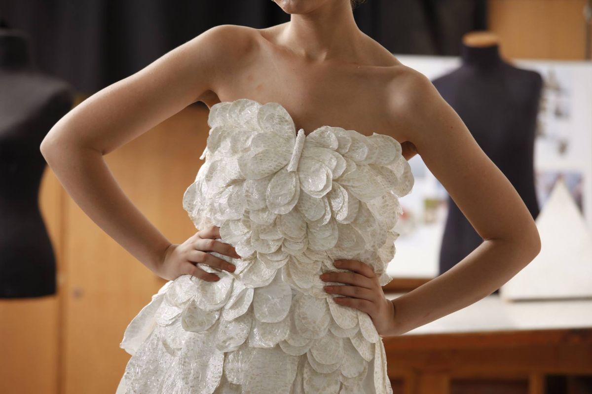 Papillora — sculptural butterfly-motif gown in Tyvek and cellophane